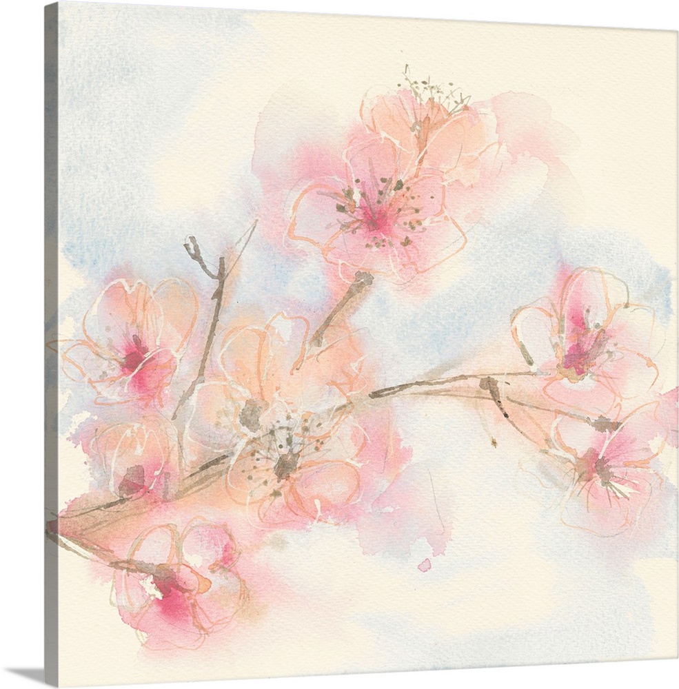 Painting of a branch with pastel pink blooms.