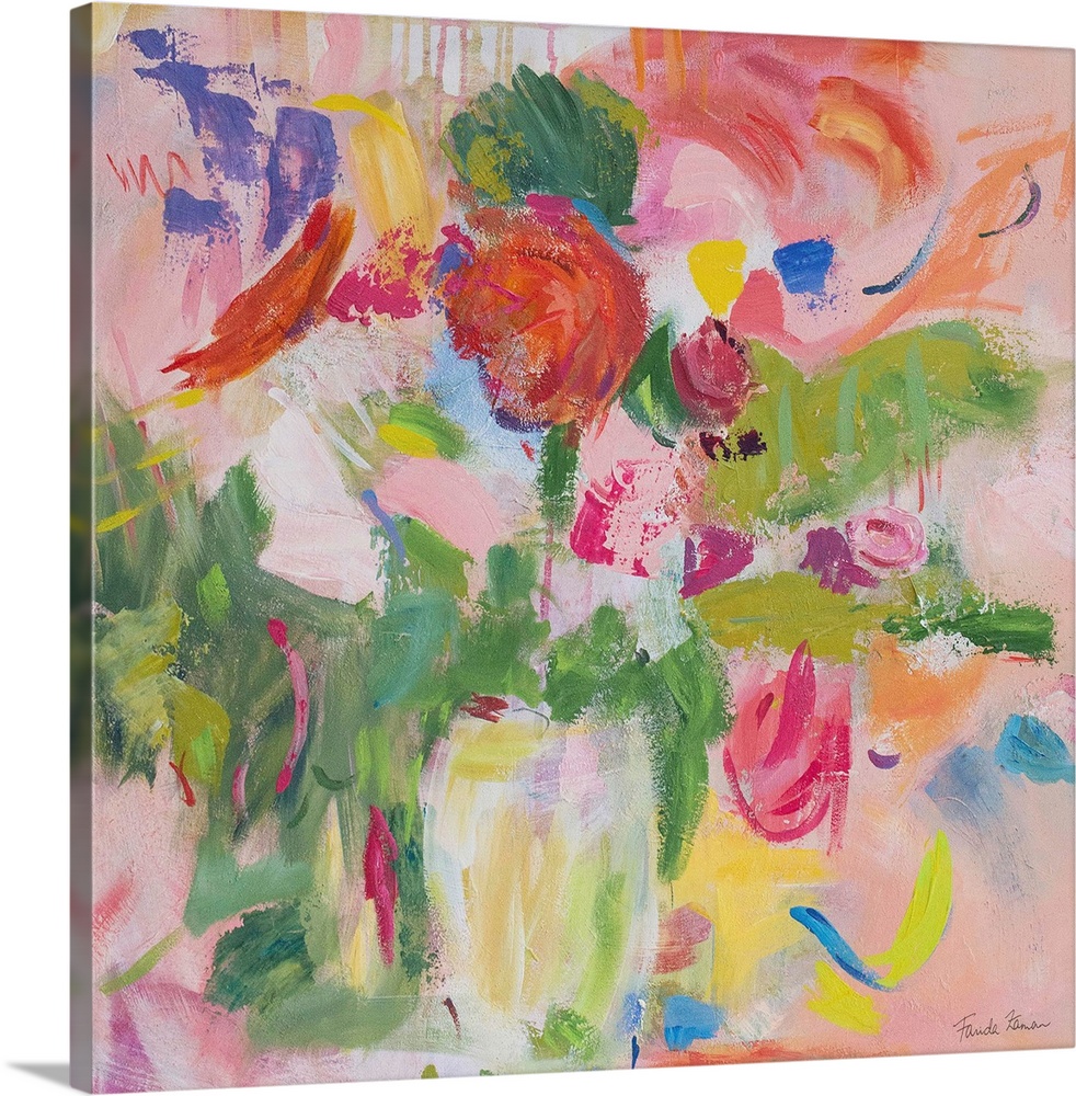 A square modern painting of bright colorful flowers in shades of pink, in a vase.