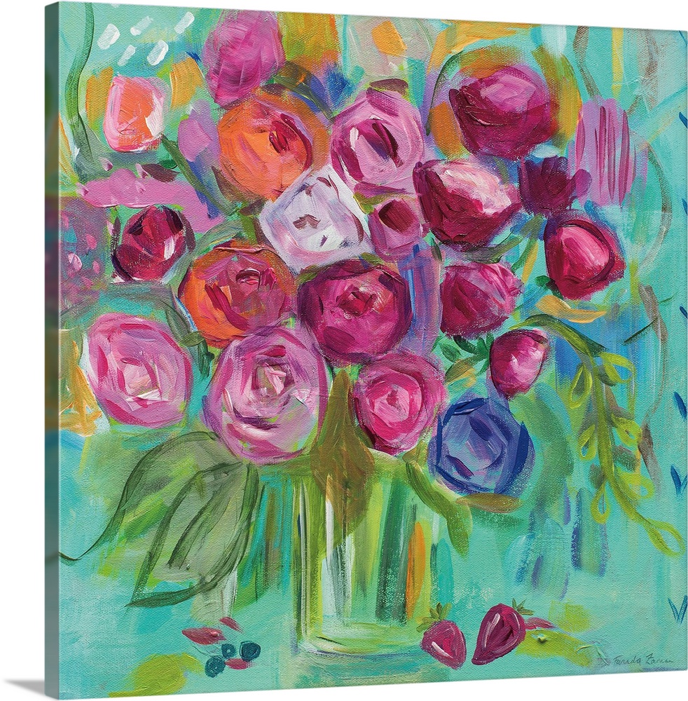 Square painting of a bouquet of abstract flowers in a vase on a teal background.