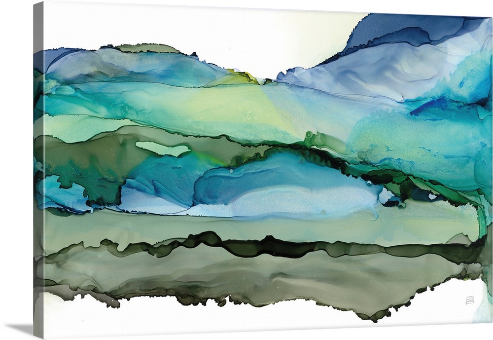 A contemporary abstract in alcohol inks resembling rolling blue green hills on a white background