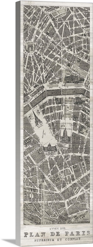 Decorative artwork of a vintage map of Paris featuring the words, 'Plan de Paris, Superieur Et Complet'.