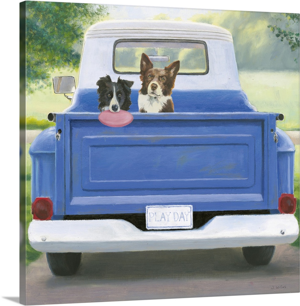 Contemporary artwork featuring an australian shepard and a border collie in the bed of a blue truck.