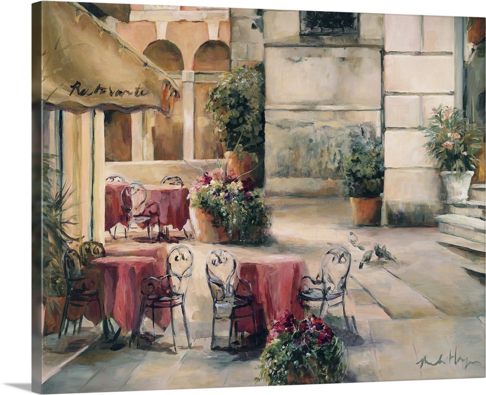 Landscape, large wall painting of a stone courtyard setting outside of a cafo, with several tables and seating, surrounded...