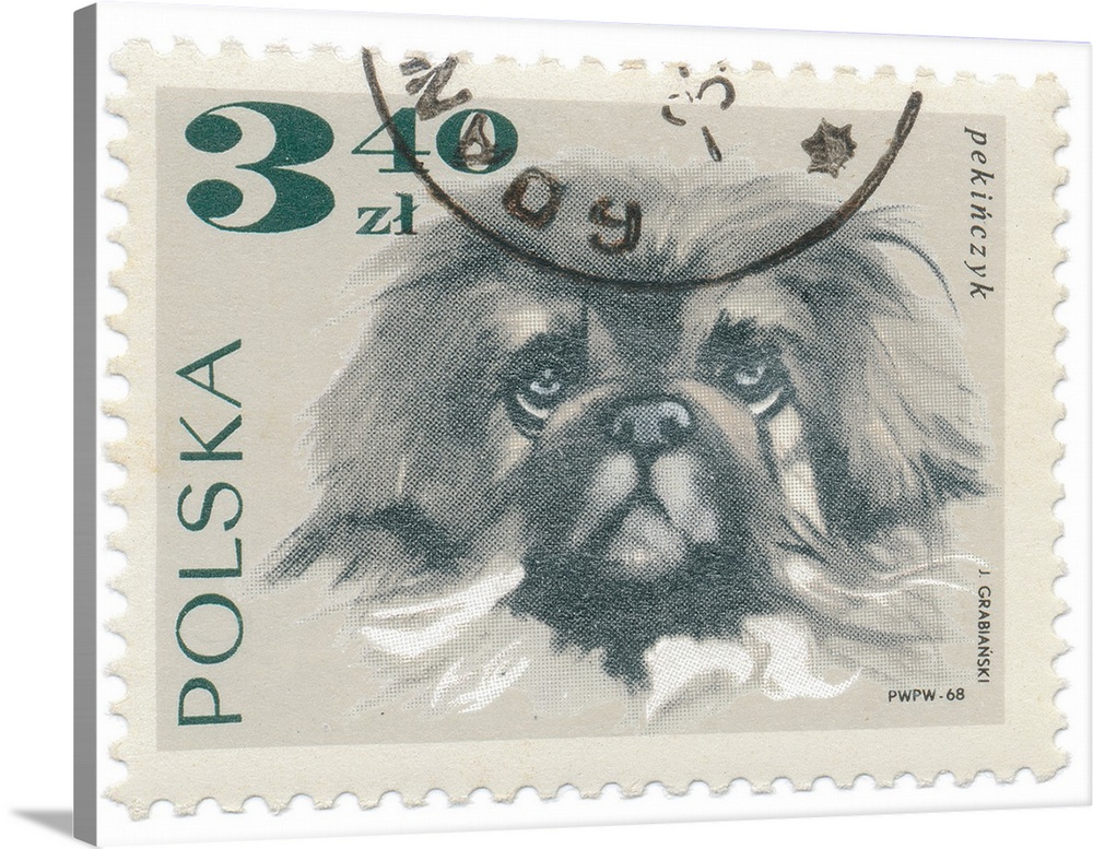 Artwork of a Polish postage stamp of a pekingese with a black postmark overlapping.
