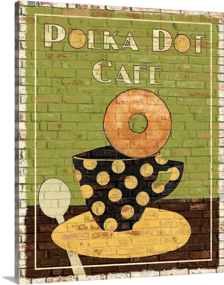 Portrait, large artwork for the "Polka Dot Cafo", of a donut sitting on the edge of a polka dotted coffee cup that is rest...