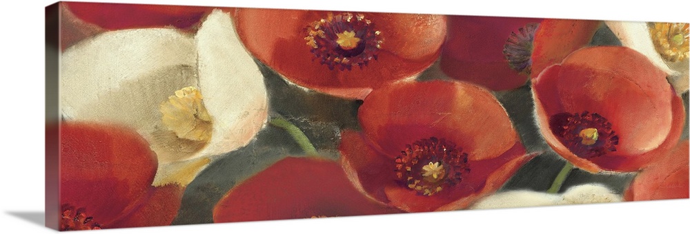 Contemporary artwork of different brightly colored flowers close-up in the frame of the image.