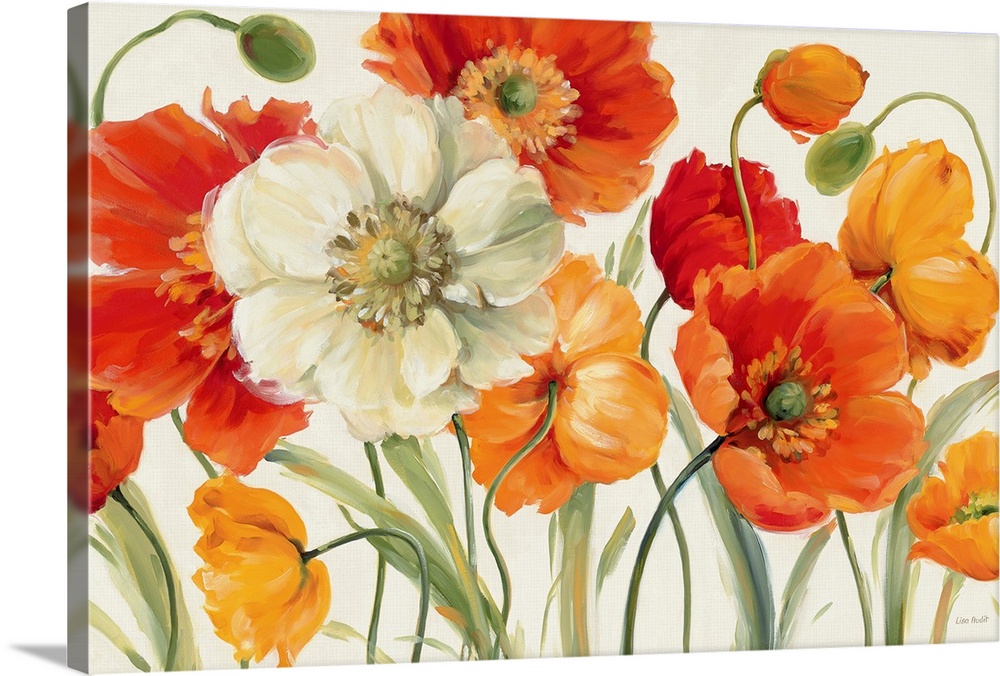 Huge floral art shows a vibrant arrangement of flowers and buds positioned in front of a blank background.