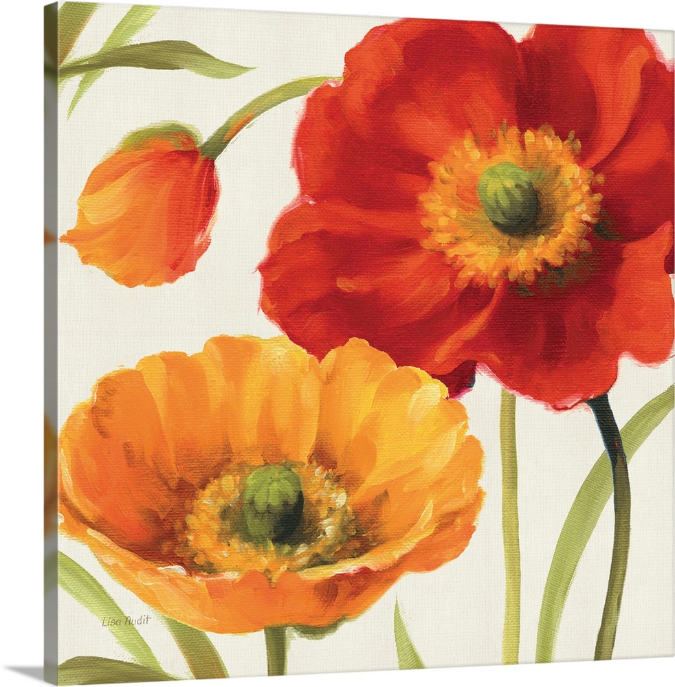 Contemporary artwork of a close-up of bright poppy flowers.