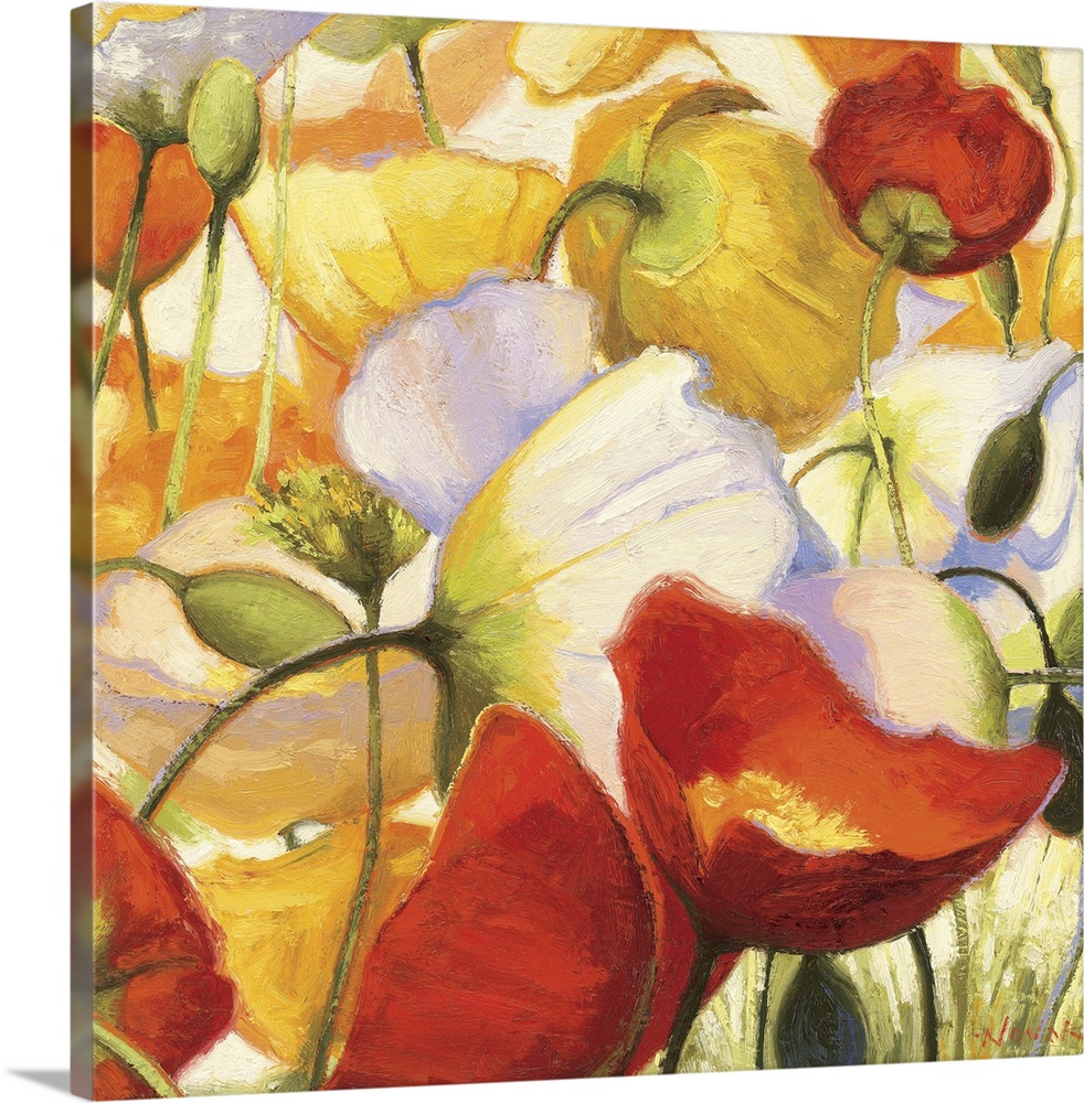 Floral painting filled with poppy flowers of different colors.