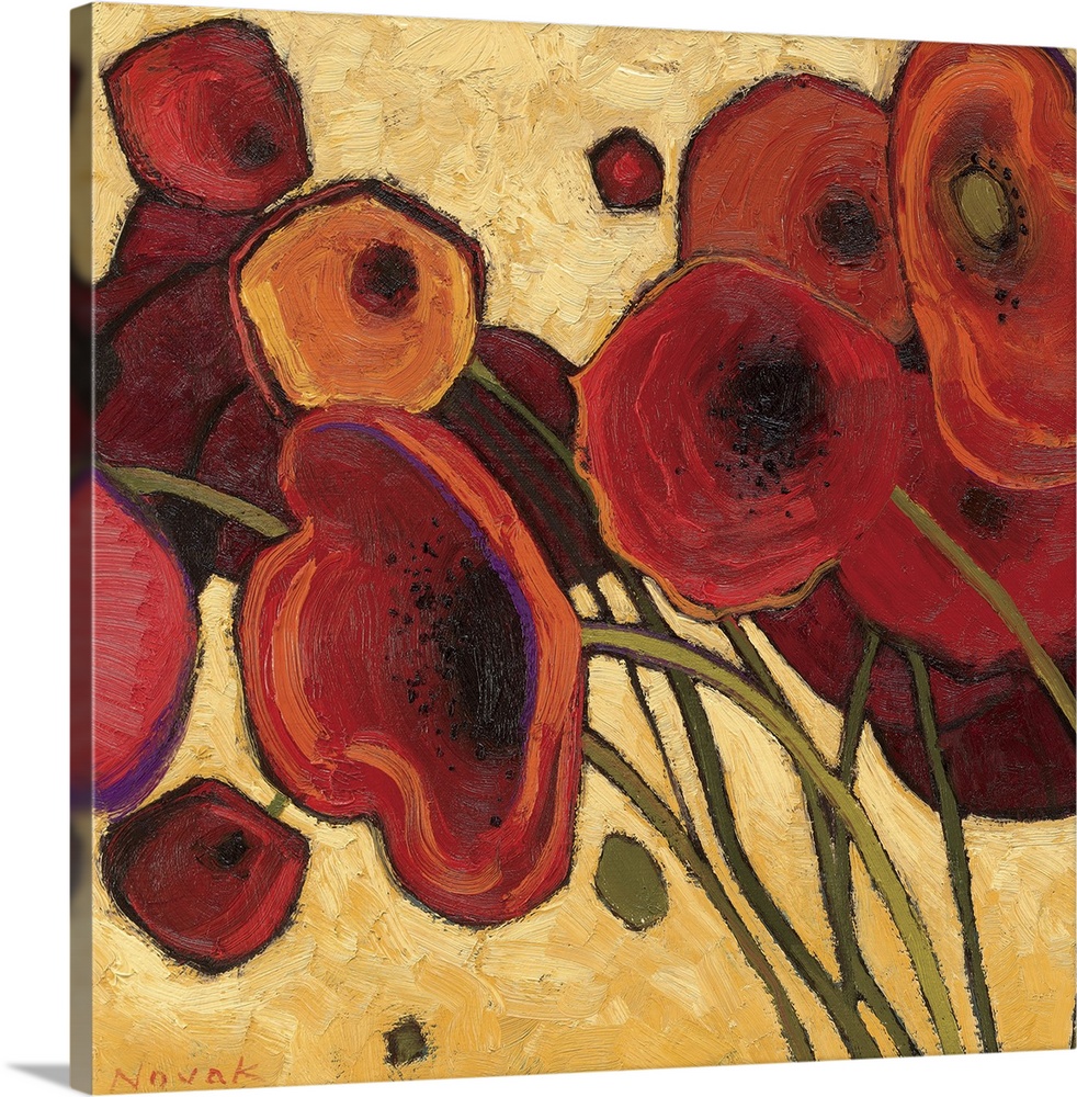 Up close contemporary painting of boldly colored flower bunch and its stems.  The background is made of short wide brush s...