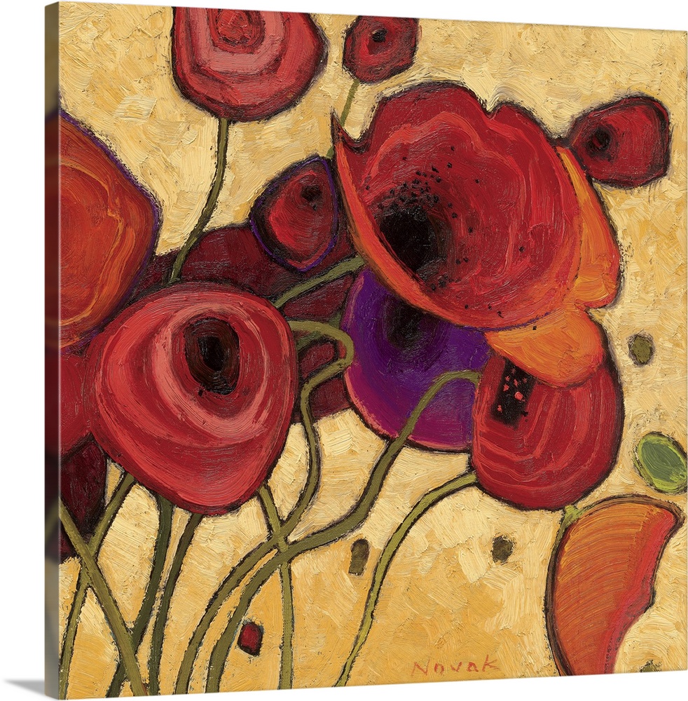 Huge contemporary art centers on a group of poppy flowers sitting in front of a warm toned background composed of short br...