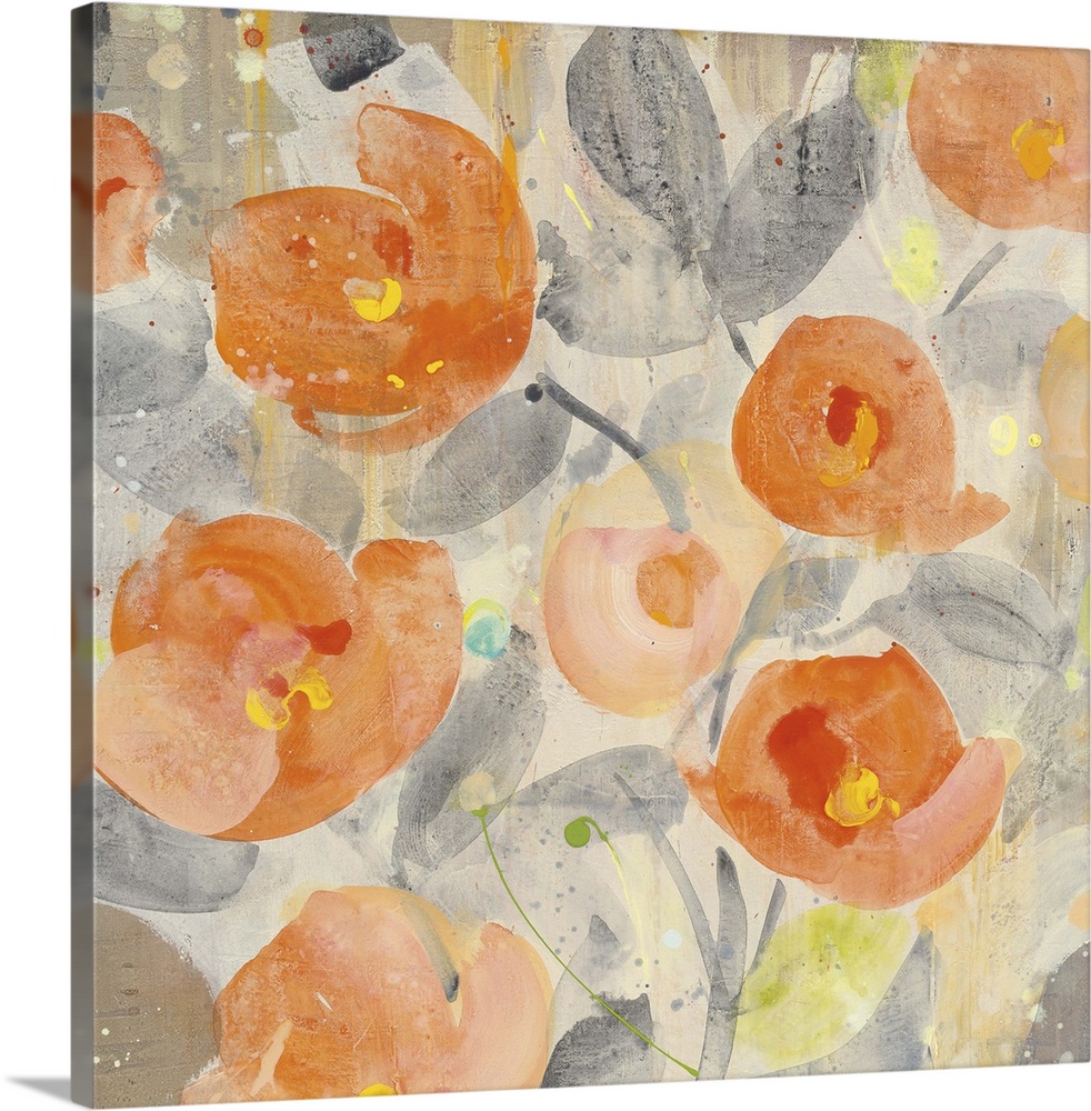 Vibrant orange poppies on gray stems against a neutral toned background.