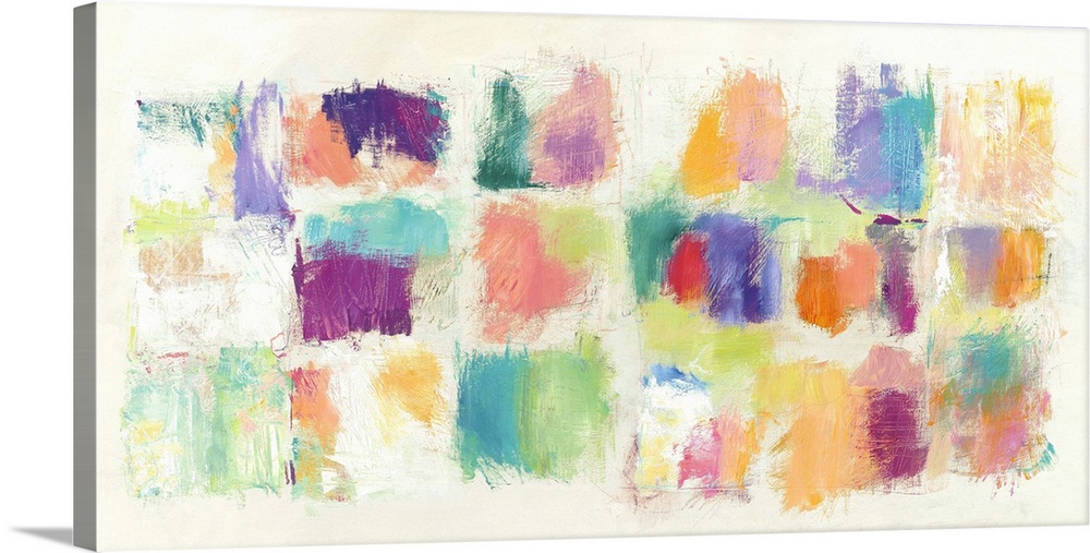 Long, rectangular abstract painting with multicolored square swatches painted on an off-white background.