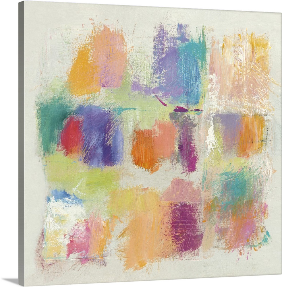 Square contemporary abstract painting of multicolored square swatches on a white background.