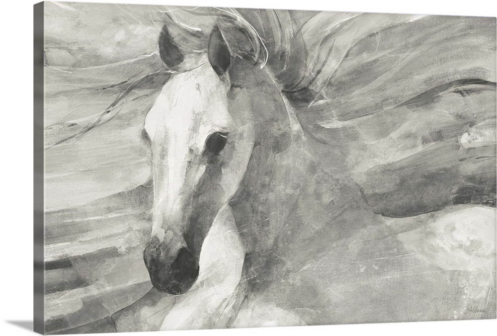 Black and white painting of a horse with flowing horizontal lines in the background creating movement.