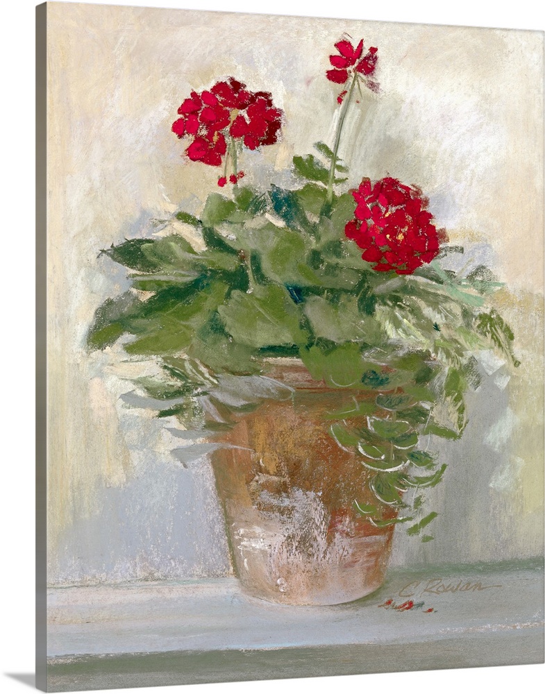 Large painting on canvas of flowers planted in a pot sitting on the ground near a wall.