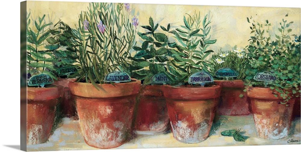 Contemporary painting of different herbs in separate clay pots.
