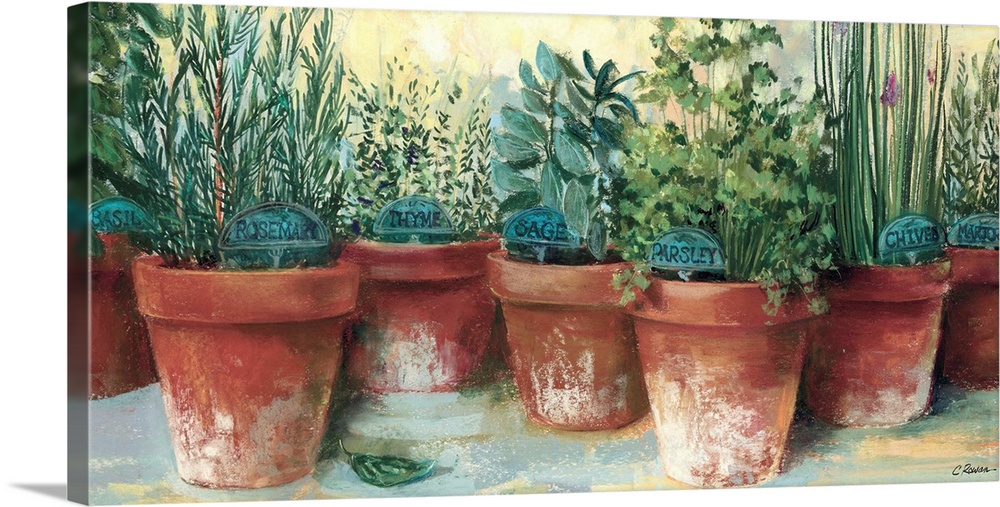 Contemporary painting of different herbs in separate clay pots.