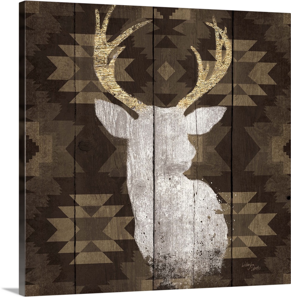 Stag head silhouette against a rustic looking native american pattern perfect for a lodge in the woods.
