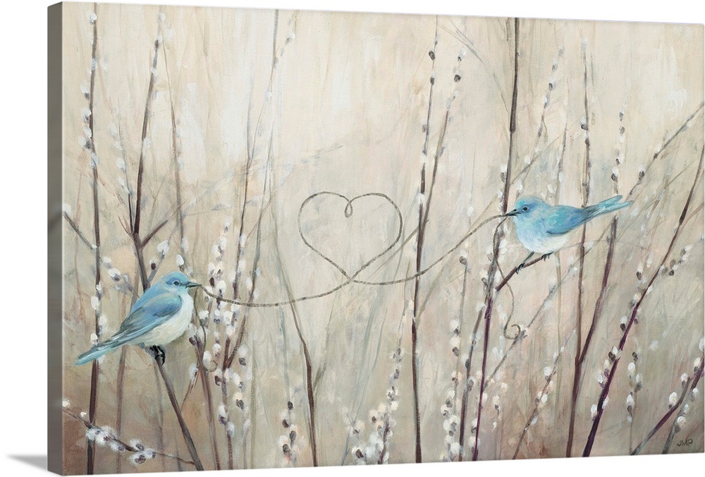 Contemporary artwork featuring two blue birds tying a heart knot over a neutral background.