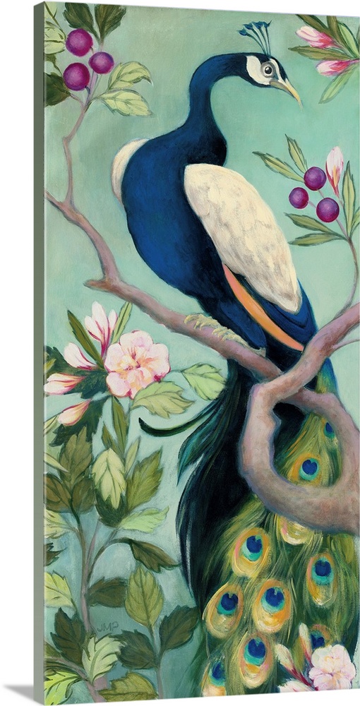 Large vertical contemporary painting of peacock perched on a tree branch with colorful berries and blooms nearby.