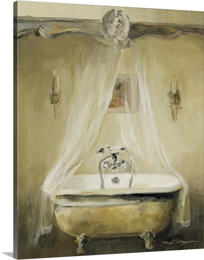 Large, vertical home art docor painting of an antique bath tub with a sheer fabric hanging above, draped around each end. ...