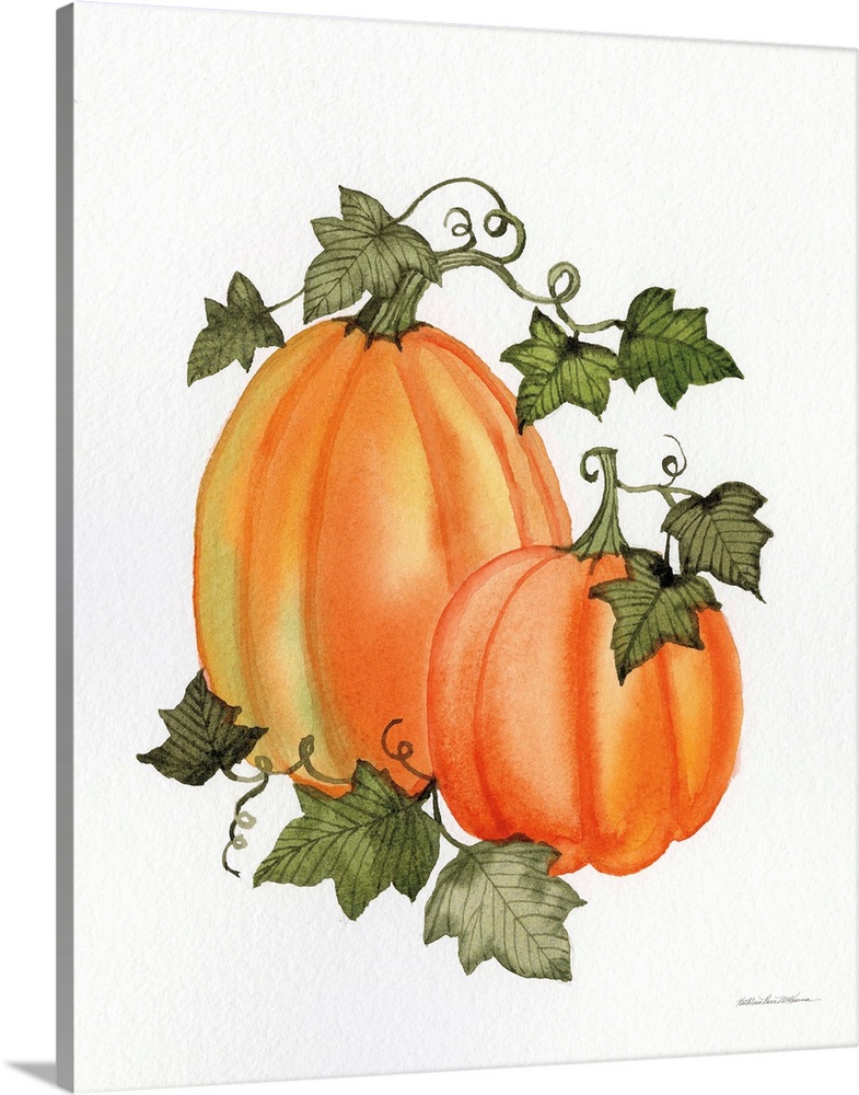 Decorative artwork of two pumpkins and vines on a white background.