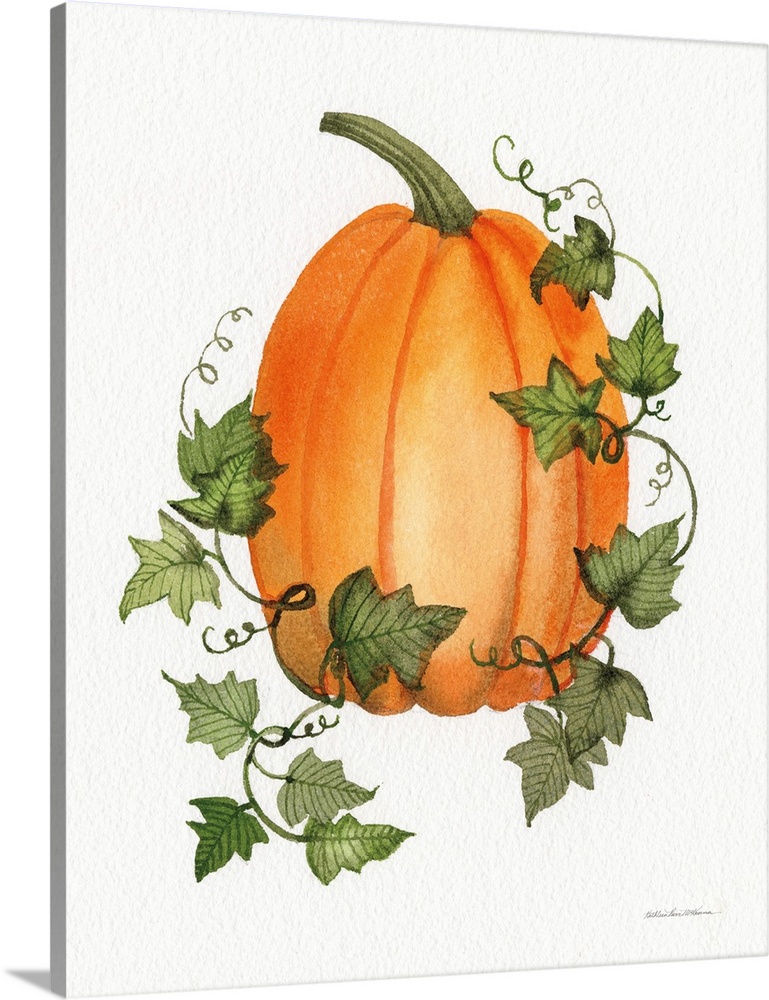 Decorative artwork of an orange pumpkin and vines on a white background.