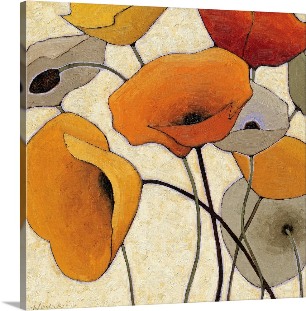 Abstract painting of warm colored flowers with long thin stems.