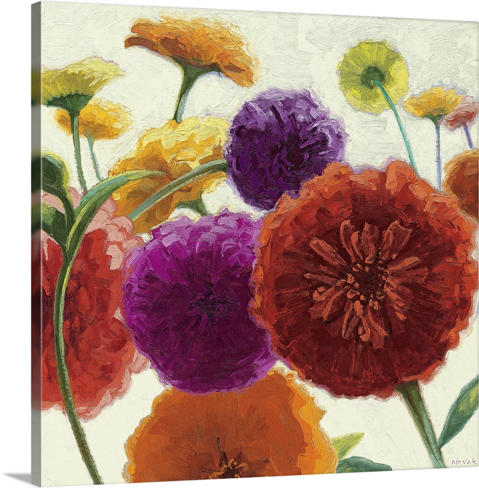 Square painting on canvas of big multicolored flowers on a neutral background.