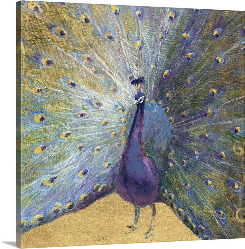 Contemporary painting of a peacock with its feathers spread wide open on a gold background.