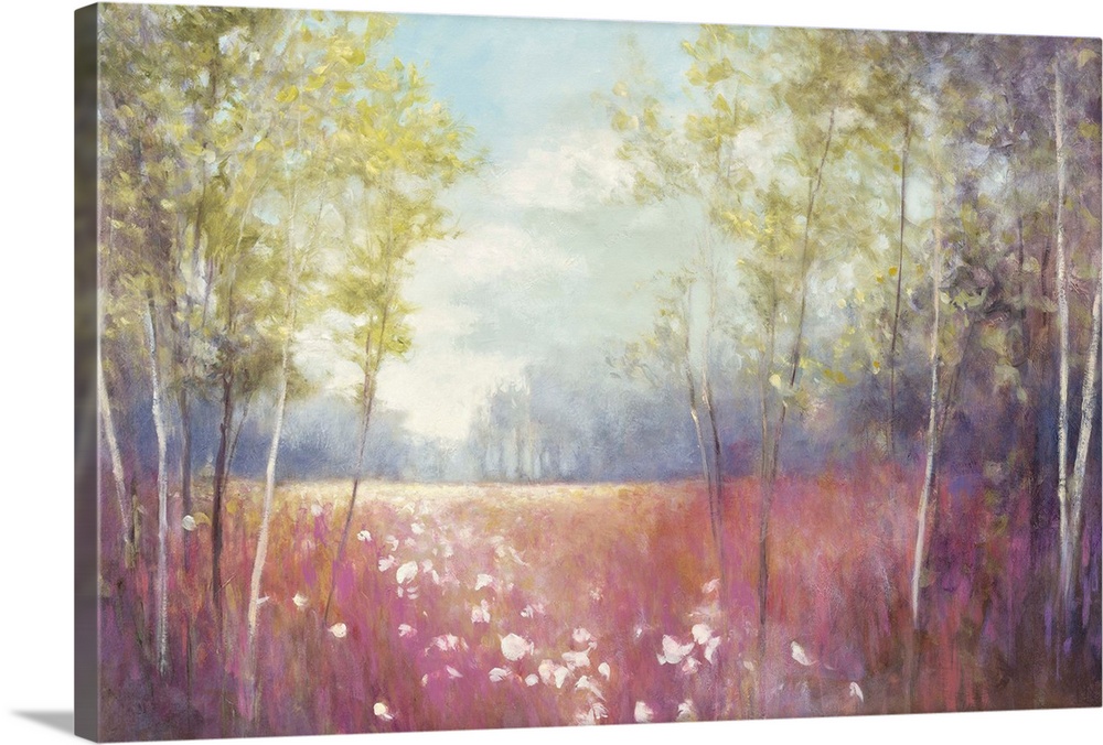 Contemporary landscape painting of a clearing in a forest in pastel colors.