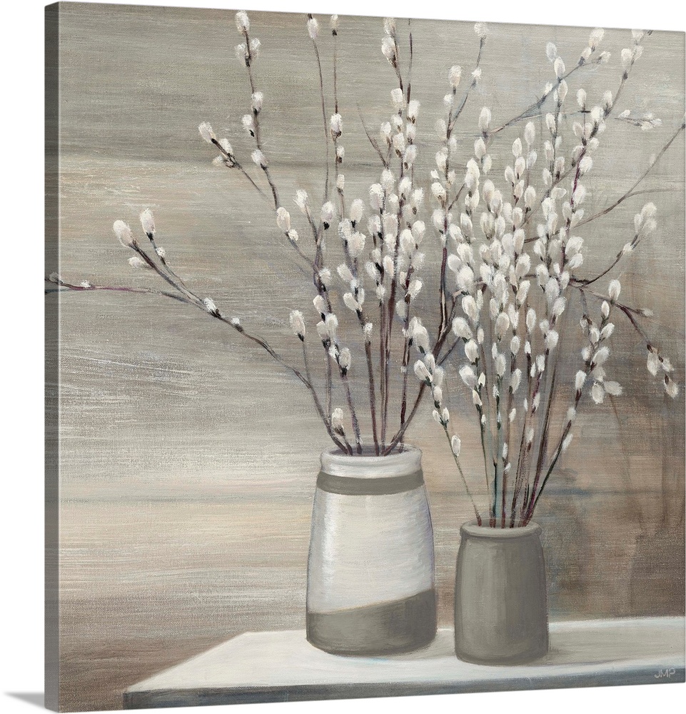 Still life painting of pussy willow plants arranged in gray and white vases on a table.