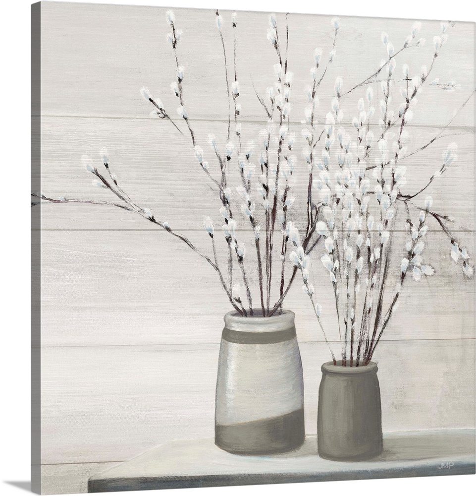 Contemporary artwork of a serene still life scene of pussy willows in gray vases.