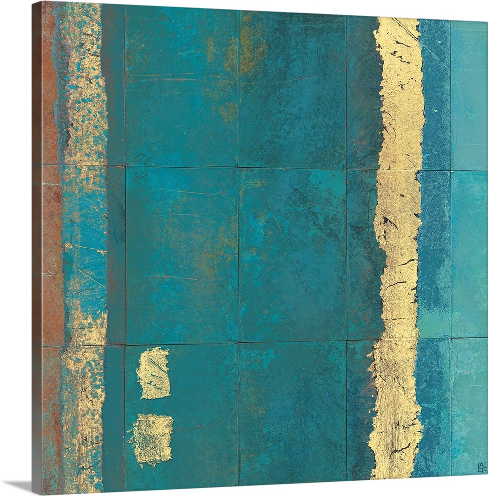 Square abstract painting done in turquoise tones resembling tiles, divided by strokes of neutral colors.
