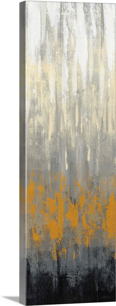 A long, narrow vertical abstract of textured gradient tones of grey, orange and black.
