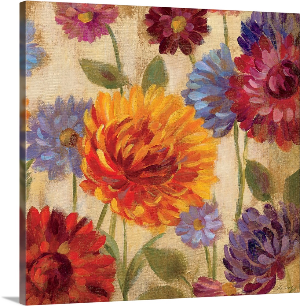Square, oversized floral painting of vibrant, multicolored dahlia flowers in various sizes, on a light, earthy background.