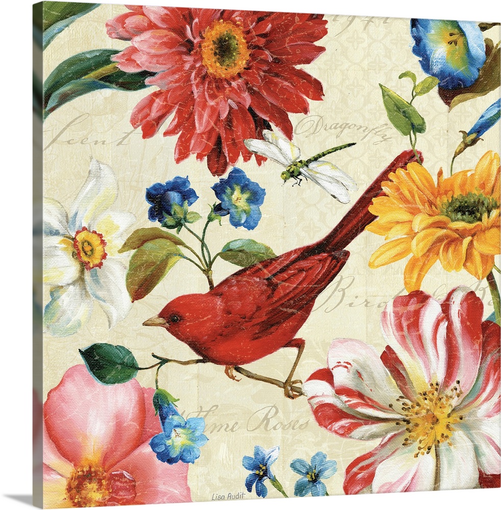 Brightly colored floral canvas with a bird and a dragon fly on a textured background with cursive writing.