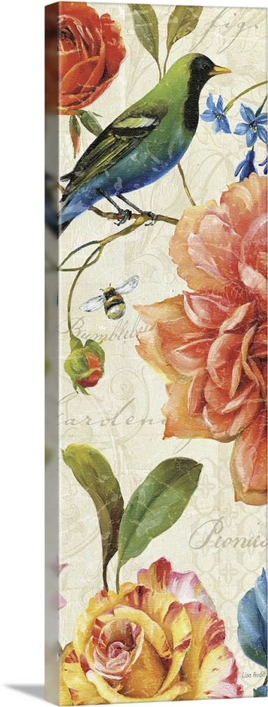 Vertical floral design of giant pink roses with a bird sitting on a small branch.