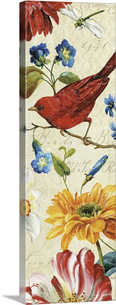 Tall panoramic painting of a bird sitting on a limb with flowers and a dragonfly surrounding him.