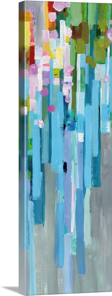 Tall, rectangular abstract painting with rainbow vertical rectangles stacked together and falling from the dense top to th...