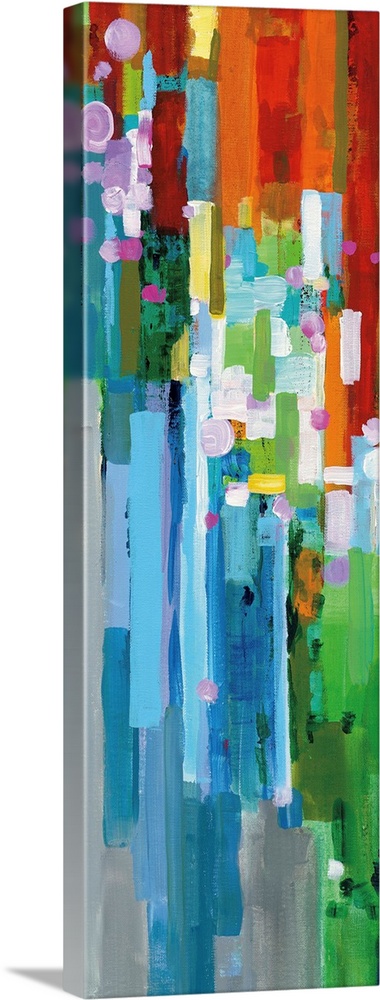 Tall, rectangular abstract painting with rainbow vertical rectangles stacked together and falling from the dense top to th...