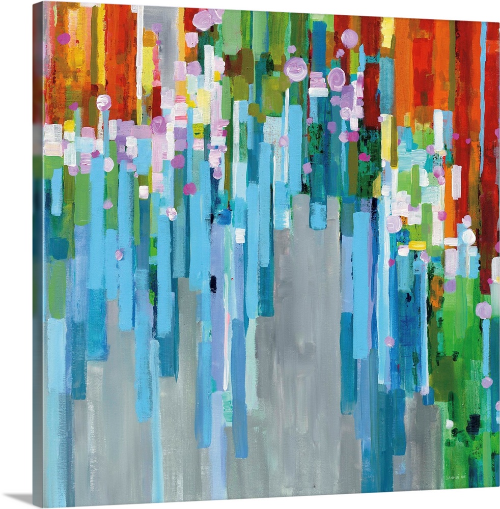 Square abstract painting with rainbow vertical rectangles stacked together and falling from the dense top to the light bot...