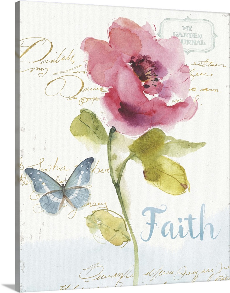 Watercolor painting of a pink flower and a blue butterfly with the word "Faith" written in blue at the bottom and gold han...