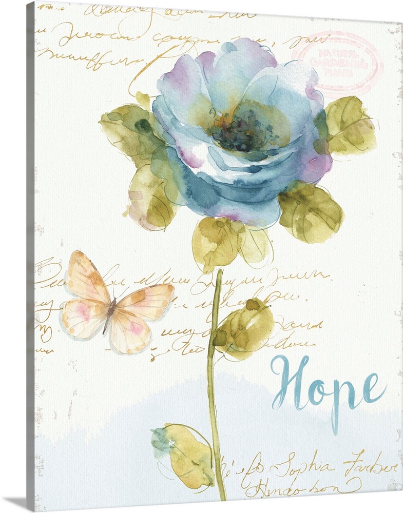 Watercolor painting of a blue and purple toned flower and a butterfly with the word "Hope" written in blue on the bottom a...