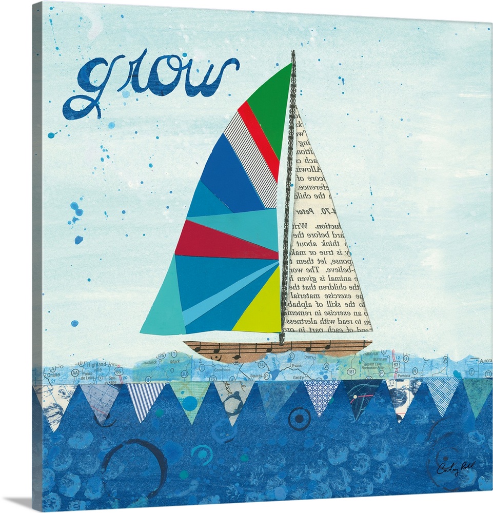 Decorative collage artwork featuring a whimsical sailboat floating on the sea with the word, 'Grow' in the top left corner.
