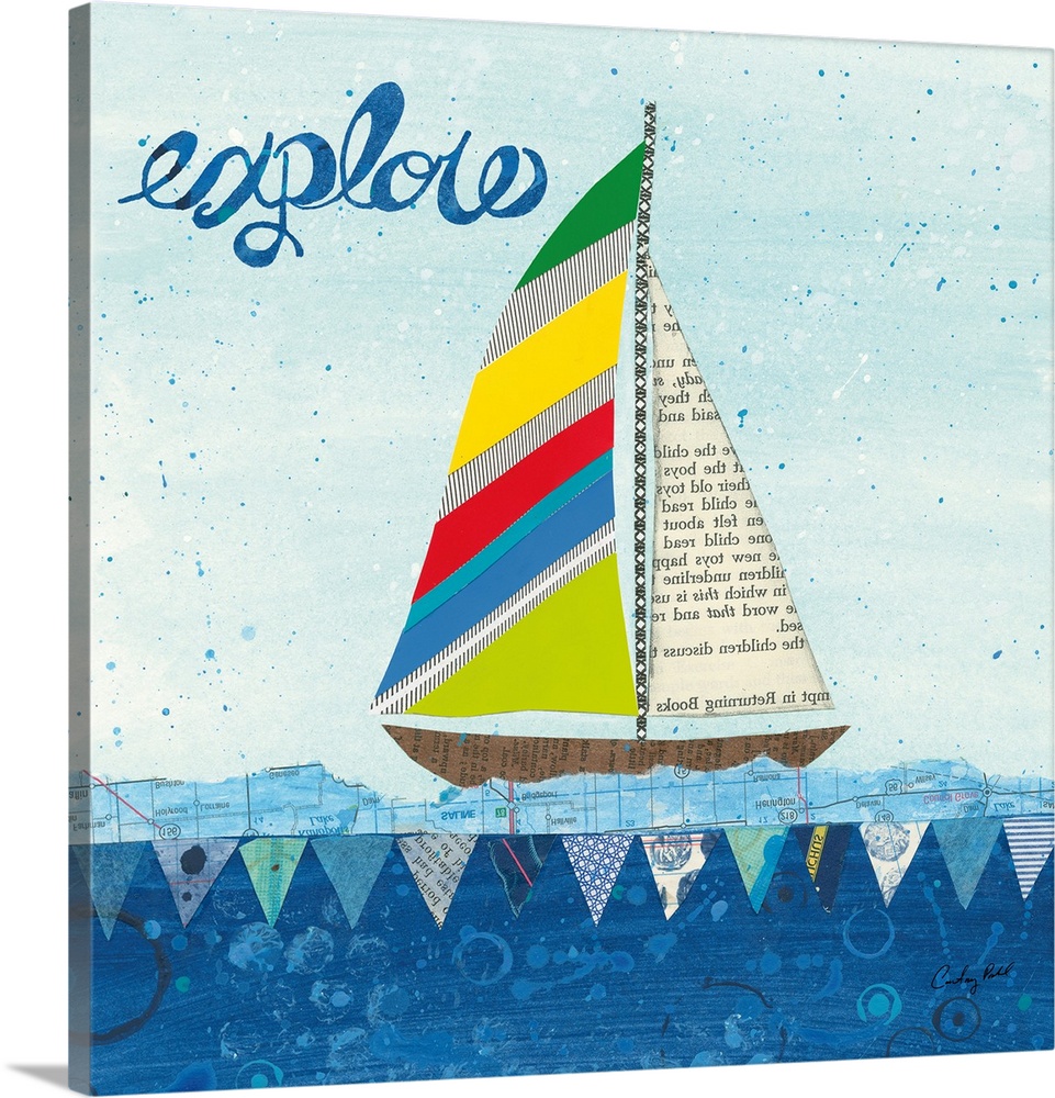 Decorative collage artwork featuring a whimsical sailboat floating on the sea with the word, 'Explore' in the top left cor...