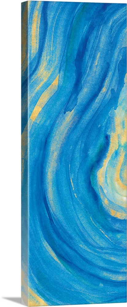 Tall rectangular painting of the inside of a blue and gold mineral rock.