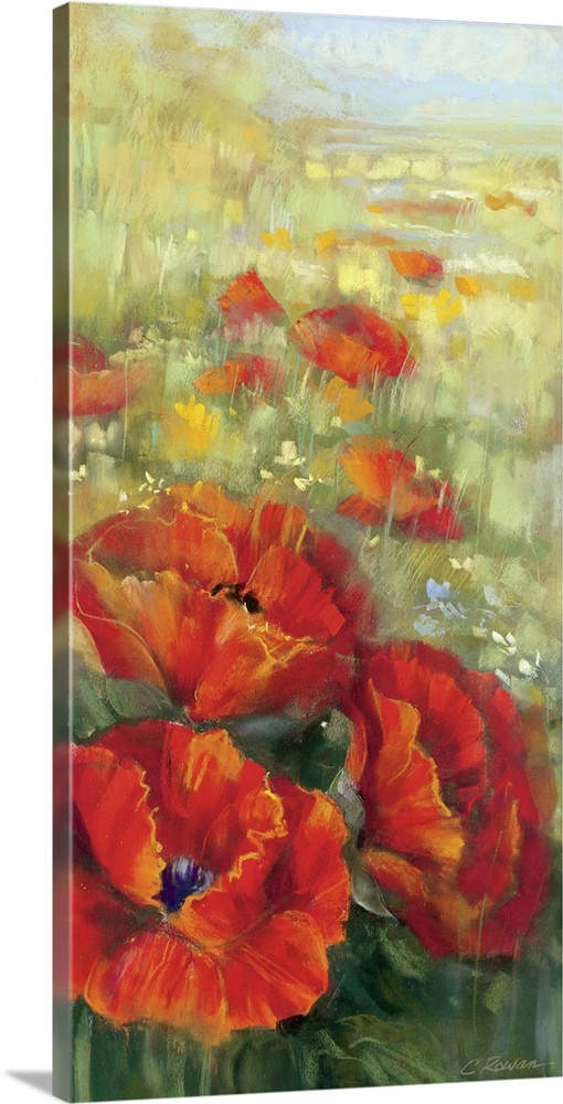 Large, vertical floral painting of several big, blooming poppies in the foreground, behind those continues a field of popp...