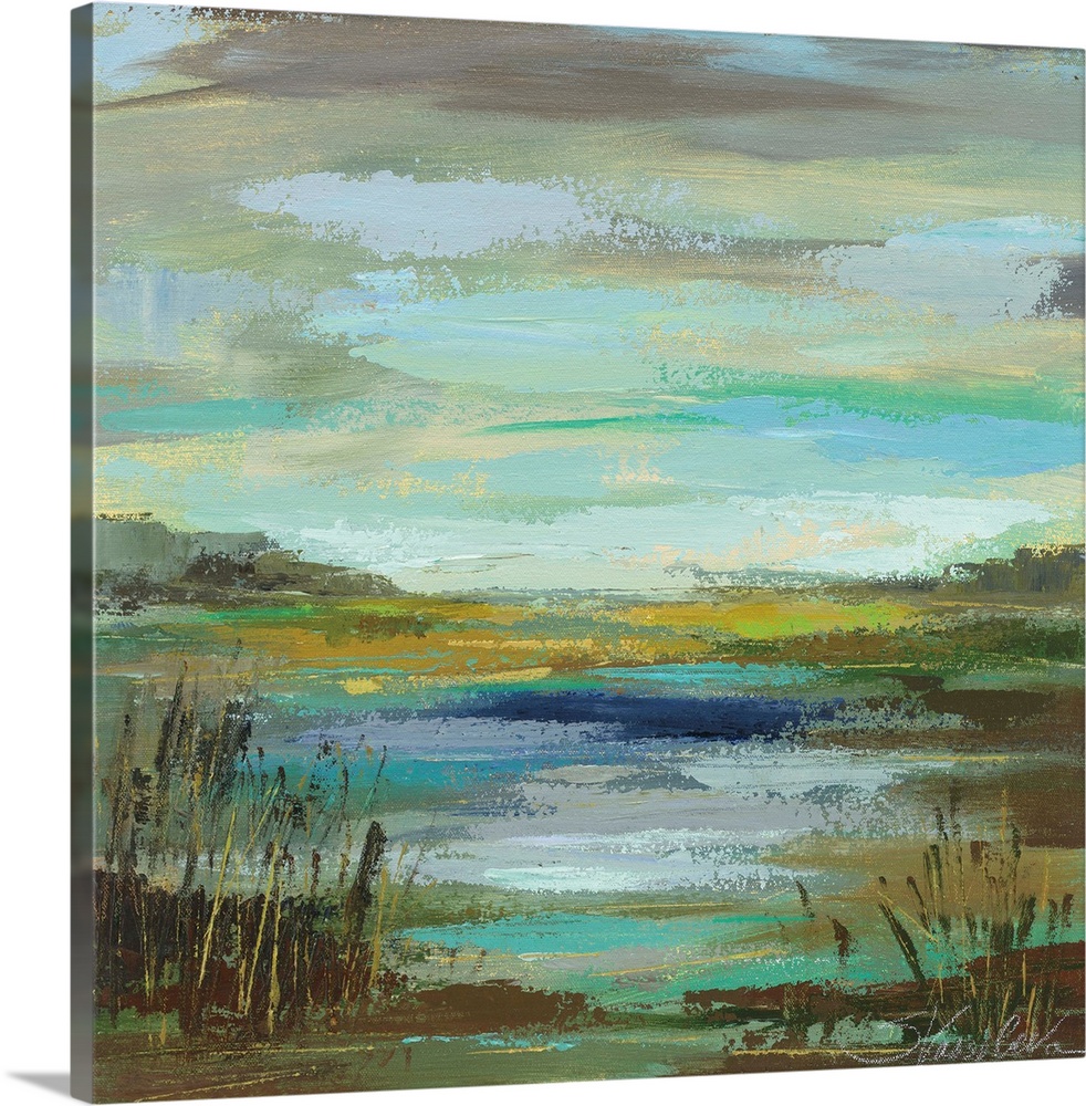 Contemporary landscape painting of the edge of a lake with reeds and a gloomy sky.